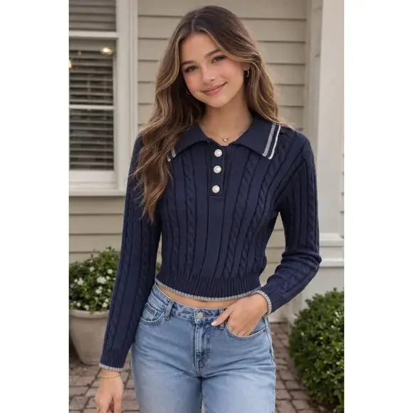 Alice Blue Navy Cable Knit Collared Sweater Juniors Size S Preppy Button Front - Picture 1 of 8